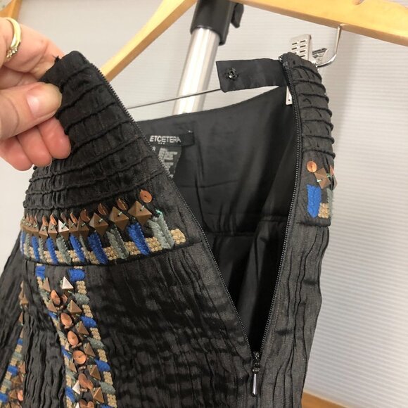 Etcetera Black Embroidered Beaded Crinkle Glam Lined A-Line Skirt Sz 8‎ - Picture 7 of 14